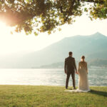 Lake Como wedding, Villa Melzi, bride and groom looking at the lake